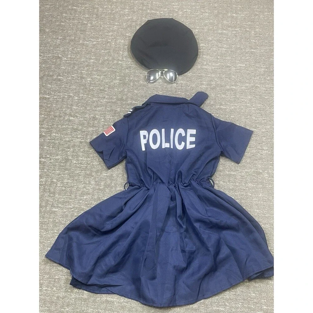 Girls Police Officer Costume Blue Dress w/ Hat & Sunglasses XL Halloween